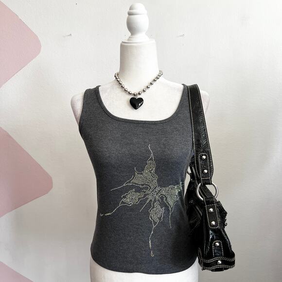 no brand Tops - Butterfly Rhinestone Tank‎ Top, Y2K 2000s Bling Indie Sleaze Small